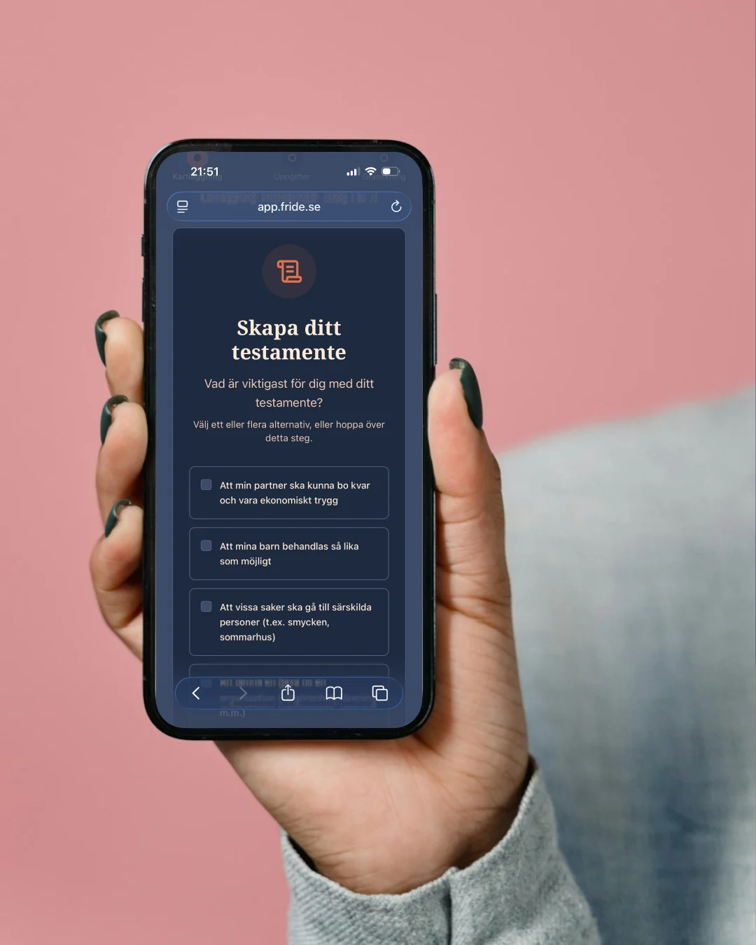 Testamente – Fride app-mockup