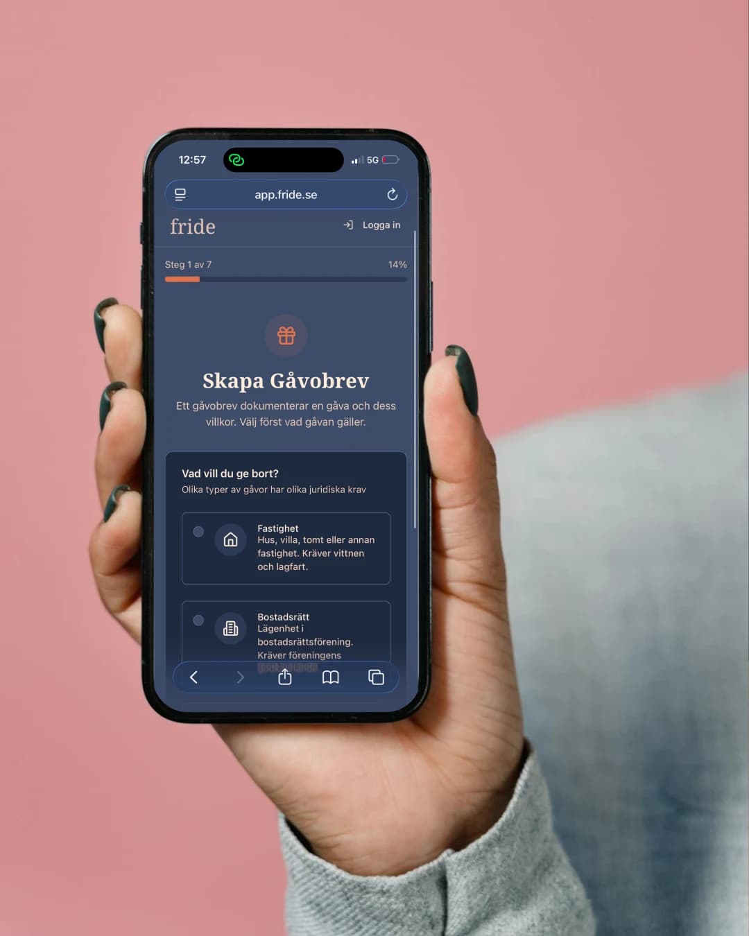 Gåvobrev – Fride app-mockup